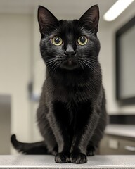 Beautiful Black Cat Sitting Indoor Portrait Photo pet fur cute eyes soft paws home dark