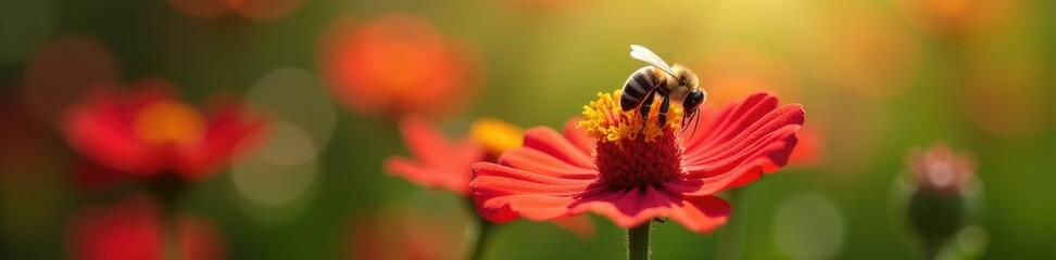 Honeybee collecting nectar from a single red flower, natural world, bee