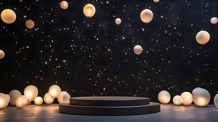 Fototapeta premium A modern clean-design podium set against a starry night sky with floating paper lanterns