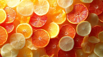 A vivid abstract artwork featuring scattered orange slices in a bright and cheerful digital composition