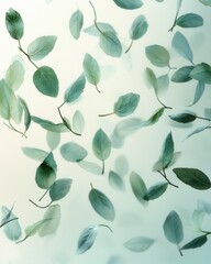 Delicate Floating Mint Leaves Against a Soft Gradient Background Capturing Freshness and Tranquility with a Gentle Camera Angle