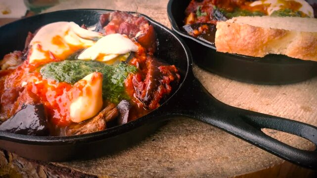 Delicious Shakshuka Recipe: Spicy Tomato Shakshuka with Baked Eggs in a Cast Iron Pan, Middle Eastern Cuisine with Rich Tomato Sauce and Perfectly Poached Eggs, Easy Skillet Shakshuka for Breakfast