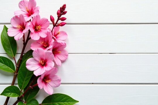 Pink Gebera branches with lush green leaves on a white wooden background, gebera flowers, pink flowers