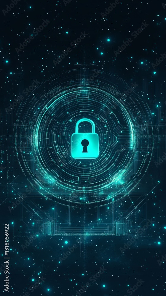 Poster digital lock icon in a futuristic cybersecurity environment with abstract data visualization