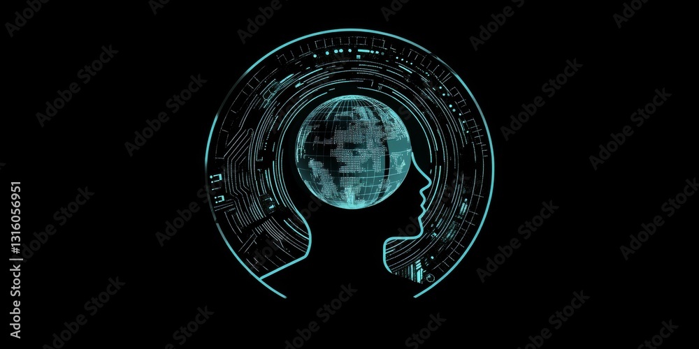 Poster abstract representation of artificial intelligence with a head silhouette and data patterns