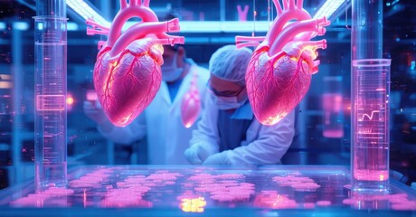 Biotech scientist growing synthetic organs in floating lab glowing pink artificial hearts suspended in liquid transparent screens displaying real time data