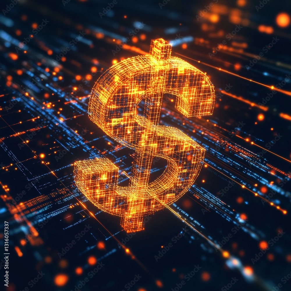 Poster glowing digital dollar symbol surrounded by abstract data streams and light patterns