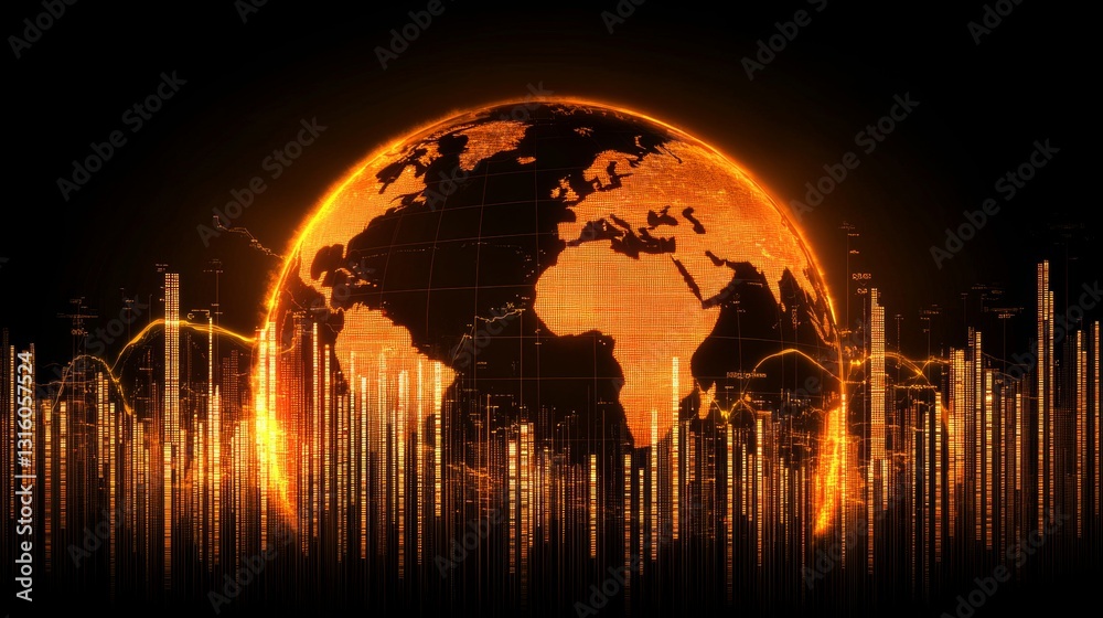 Poster digital globe surrounded by orange binary data visualization and abstract connectivity lines