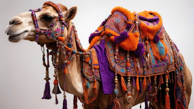 A decorated camel stands gracefully, adorned with a vibrant patterned saddle blanket featuring shades of orange,