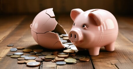 Broken piggy bank with scattered coins on wooden surface soft warm lighting representing financial challenges and economic uncertainty