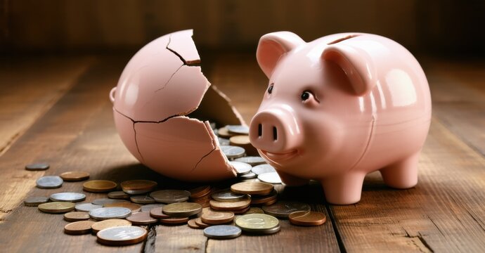 Broken piggy bank with scattered coins on wooden surface soft warm lighting representing financial challenges and economic uncertainty