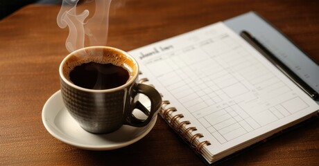 Close up of steaming coffee cup next to digital planner deep earthy tones symbolizing morning routines productivity and slow living