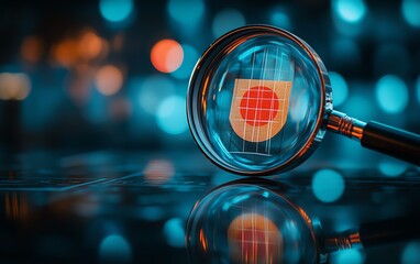 Target board icon inside a magnifying glass on a background