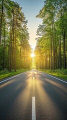 Fototapeta premium Serene journey through sunlit forest road with vibrant green trees and asphalt path leading to horizon