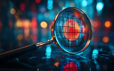 Target board icon inside a magnifying glass on a background