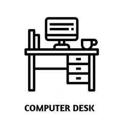 Computer Desk editable stroke outline icon isolated on white background flat vector illustration, Pixel perfect