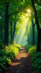 Obraz premium Serene pathway through lush woods, sunlight filtering through leafy canopy, road, serene, trees