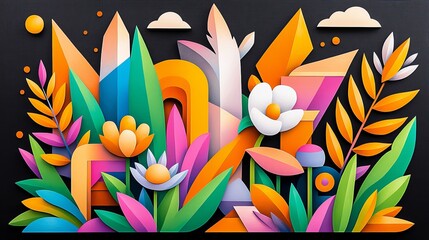 Abstract Floral Design - Colorful Geometric Flower Illustration with Leaves, Shapes and Background.