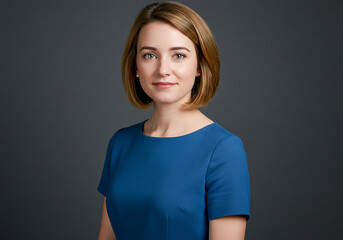 Obraz premium A professional woman with short brown hair and green eyes, wearing a blue dress. She has a poised and confident expression against a dark background, exuding elegance and sophistication.