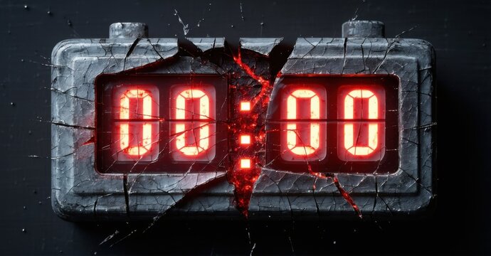 Cracked digital timer displaying glowing red against dark background symbolizing urgency countdowns and final chances