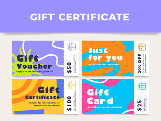 Various colorful gift certificates showcasing discount offers and redemption details for merchandise and services