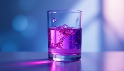 Schwimmende violette Farbe in einem Glas Wasser, chemische reaktionen, labortechnik, kalium
