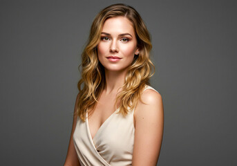 Fototapeta premium A confident woman with wavy blonde hair, wearing an elegant beige dress. She has a poised expression and a graceful posture, set against a dark grey background, exuding sophistication and charm.