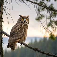 great horned owl in tree