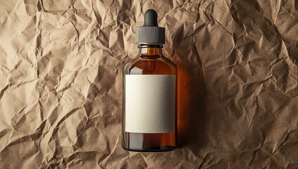 A bottle of liquid care product without a label is photographed from the top, sitting on a crumpled craft paper background with available copyspace