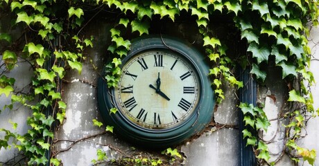 Decaying wall clock with ivy growing around it deep green and earthy brown tones nature slowly reclaiming forgotten time