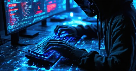 Cyber hacker in dark room typing on holographic keyboard digital code flowing from their fingers deep blue shadows and red warning alerts on screens