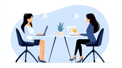 Businesswomen in a meeting, working with laptops and documents, discussing data and strategy.