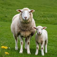 Obraz premium Mother Sheep and Lamb in Green Pasture