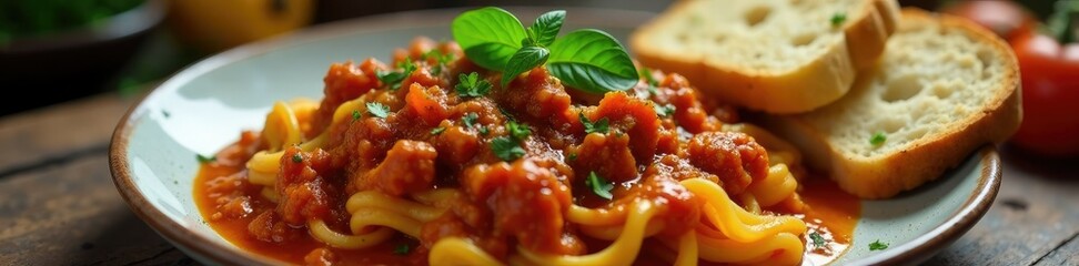 Seitan and kamut bolognese on a rustic wooden table with a side of garlic bread, roasted garlic, crusty bread