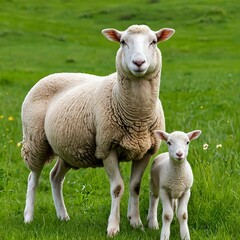 Obraz premium Ewe and Lamb in Spring Pasture