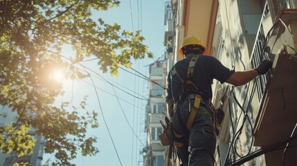 A worker in a helmet and harness repairs electrical wires on a building under sunlight.