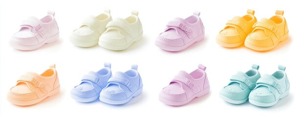 white background cutouts of baby girls shoes collection Set of different styles and colors. Generative AI