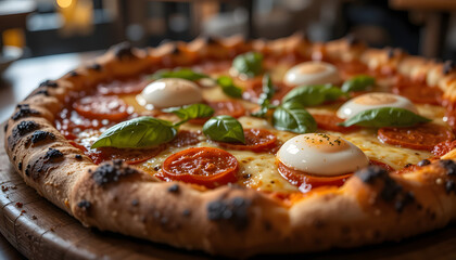 "A close-up of a freshly baked Neapolitan-style pizza with a thick, charred crust, topped with pepperoni slices, fresh basil leaves, and melted mozzarella cheese. The pizza also features soft, creamy 