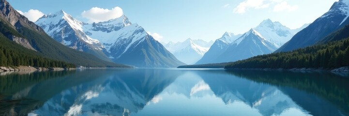 Serene lake against snow-capped mountains with glacier reflections, alpine landscape, mountain peaks