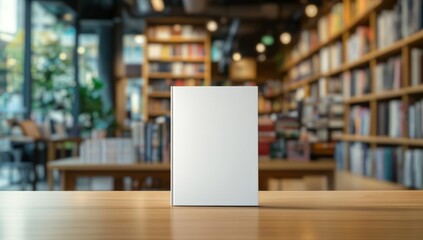 A White Book Cover Mockup On A Light Brown Wooden Table In A Blurry Bookstore Background Ideal For Book Cover Designs And Publishing Projects