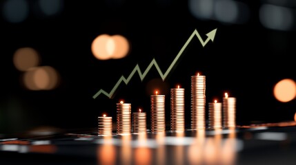 Financial growth concept. Stacked coins with an upward trending arrow indicating positive economic progress, investment, profit