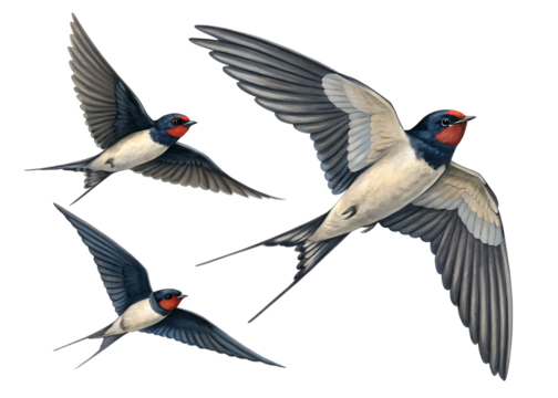  swallows in mid flight with detailed wingspans rea backgorund white