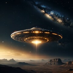 UFO over Alien Desert Landscape at Sunset