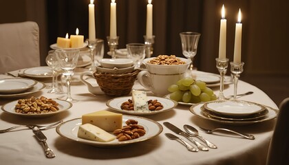 Fototapeta premium Romantic Candlelit Dinner Table Setting with Cheese, Nuts, and Grapes