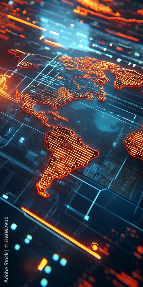 Poster digital abstract map with glow effect and data patterns