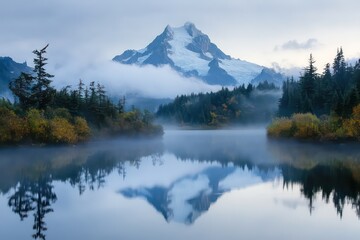 The mystical charm of a snow-laden peak, shrouded in early morning mist.