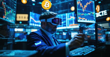 Financial dystopia where cryptocurrencies control economy neon lit stock tickers on floating screens traders using augmented reality glasses to trade