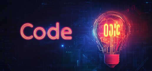Glowing Red Code Word with Illuminated Lightbulb on Dark Circuit Background Perfect for Digital Innovation Concept