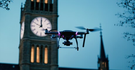 Drone hovering in front of giant clock tower sleek metallic design and deep urban twilight hues symbolizing modern surveillance and technology