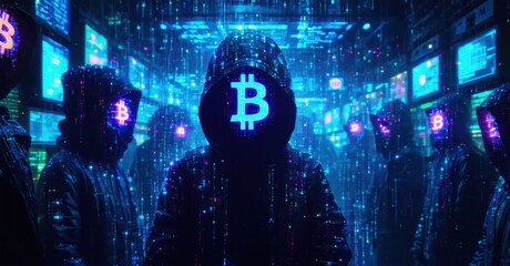 Obraz premium Dystopian internet where digital memories are currency people trading encrypted emotions dark web markets glowing with neon bitcoin transactions